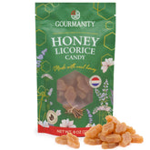 Gourmanity Dutch Honey Licorice Candy honeycomb shape close-up highlighting premium flavor.