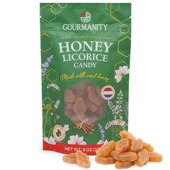 Gourmanity Dutch Honey Licorice Candy honeycomb shape close-up highlighting premium flavor.