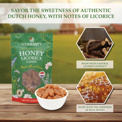 Gourmanity Dutch Honey Licorice Candy natural flavors with real honey and licorice.