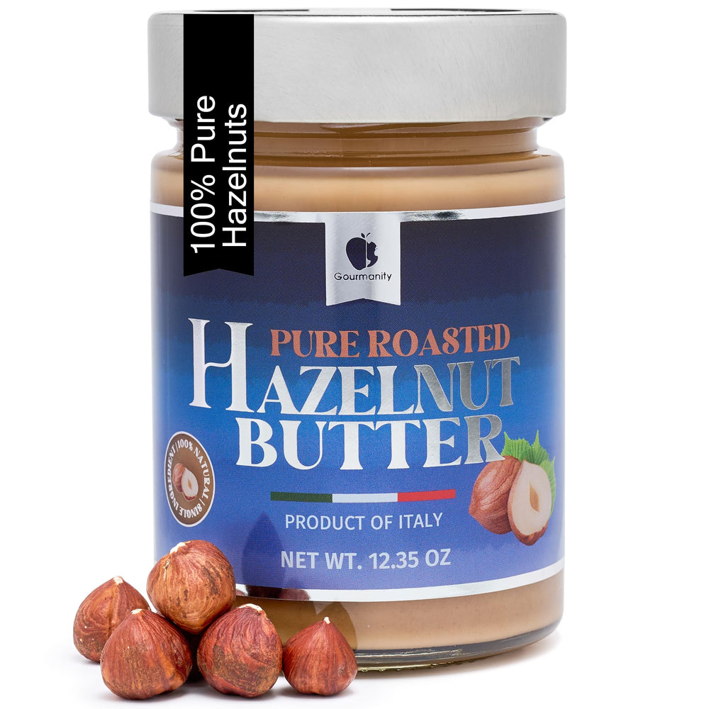 Gourmanity Italian Hazelnut Butter in a jar, pure creamy spread for toast or baking.