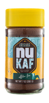 Gourmanity nuKAF bottle and jar showing pure chicory powder for caffeine free drink