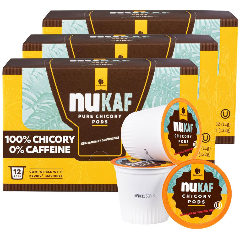 Gourmanity nuKAF chicory K-Cups packaging highlights caffeine-free option.