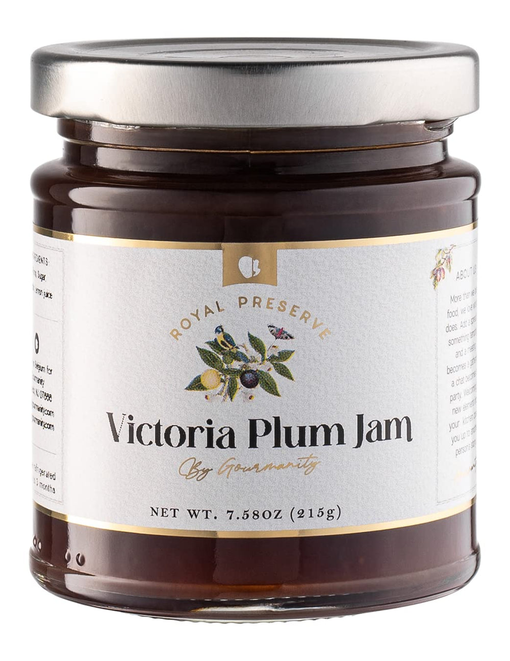 Gourmanity Victoria Plum Jam jar shows rich color and chunky fruit pieces.