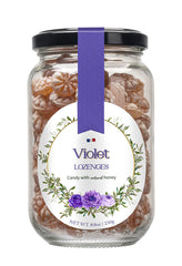 Gourmanity violet lozenge jar – premium honey candy with soothing flavor.