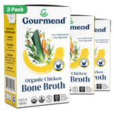 Gourmend Organic Unsalted Chicken Bone Broth 3-Pack bottle pour for easy cooking