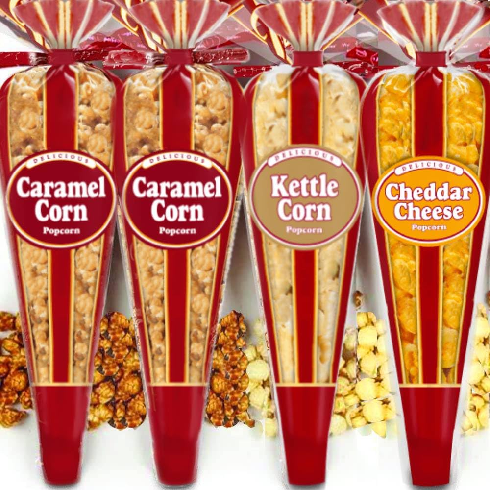 Generic Gourmet Popcorn 4-pack mini cones arranged for gifting.