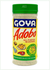 Goya Adobo all purpose seasoning bottle pour enhances meat, chicken, and fish with a rich Latino flavor