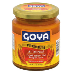 Goya Ají Mirasol paste jar closeup shows rich golden paste for vibrant Latin dishes.