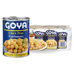 Goya Chick Peas plump cans showing premium texture for recipes.