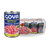 Goya Pink Beans pack of eight cans on a kitchen shelf, ready for quick meals.