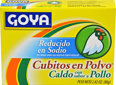 Goya reduced-sodium chicken bouillon cubes dissolving in hot broth for quick weeknight soups.
