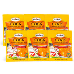 Grace Cock Flavored Soup Mix packaging shown in a six-pack for convenient meals.