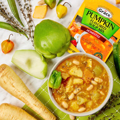 Grace pumpkin flavored soup mix prepared bowl, Caribbean aroma rising.