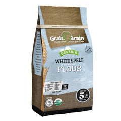 Grain Brain Organic White Spelt Flour 5lb package, ideal for versatile all-purpose baking