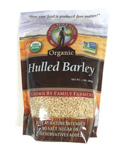 Grain Place Foods hulled barley bag front, showcasing organic grain with high fiber.