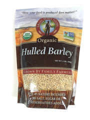 Grain Place Foods hulled barley bag front, showcasing organic grain with high fiber.