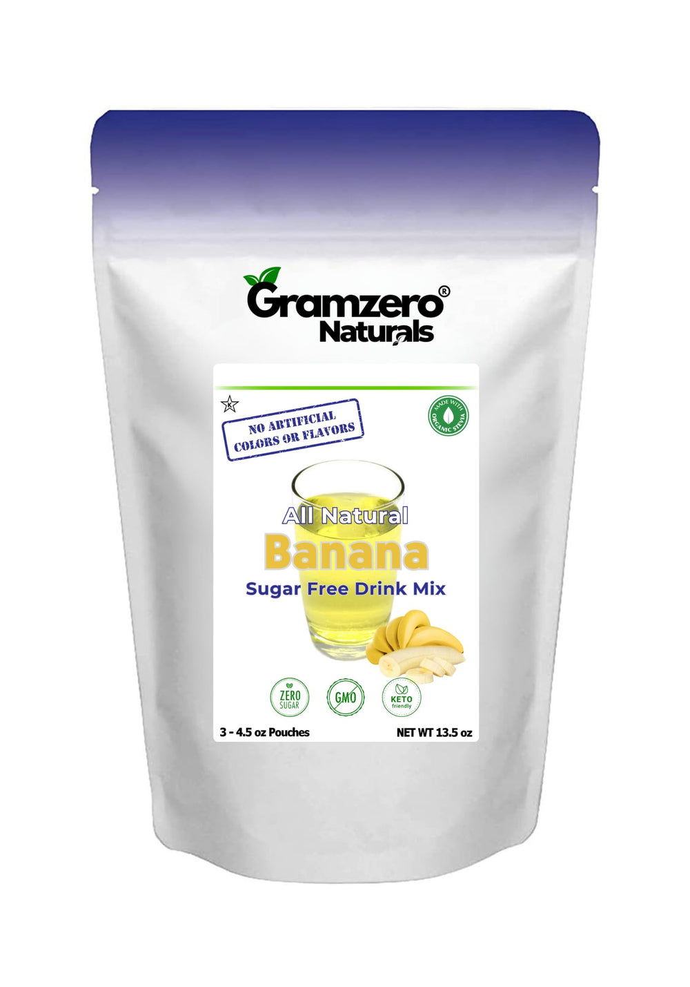 GramZero banana drink mix master pouch front view for zero-calorie flavor