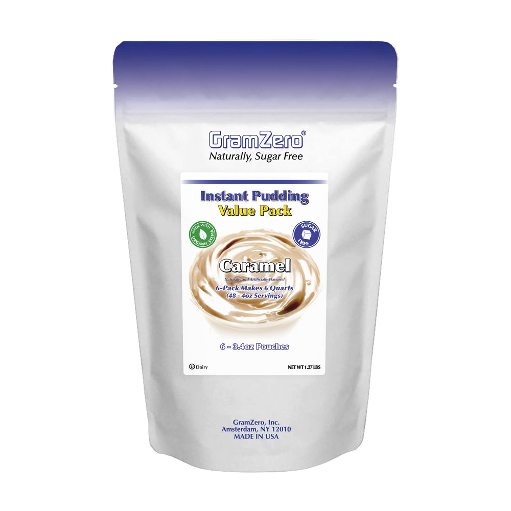 GramZero caramel sugar-free pudding mix packaging shown for easy low-carb dessert option.