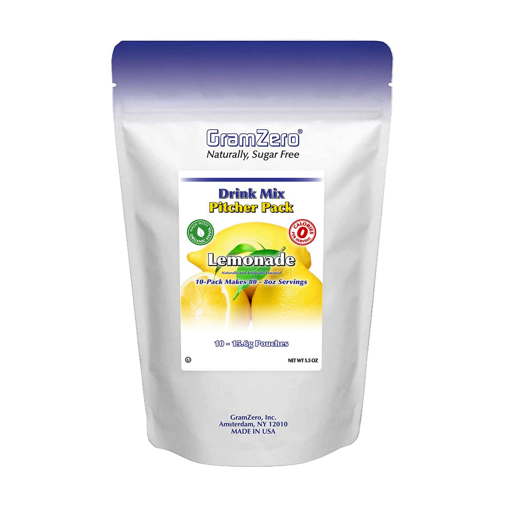 GramZero Lemonade sugar-free drink mix pitcher pack for refreshing zero-calorie beverages.