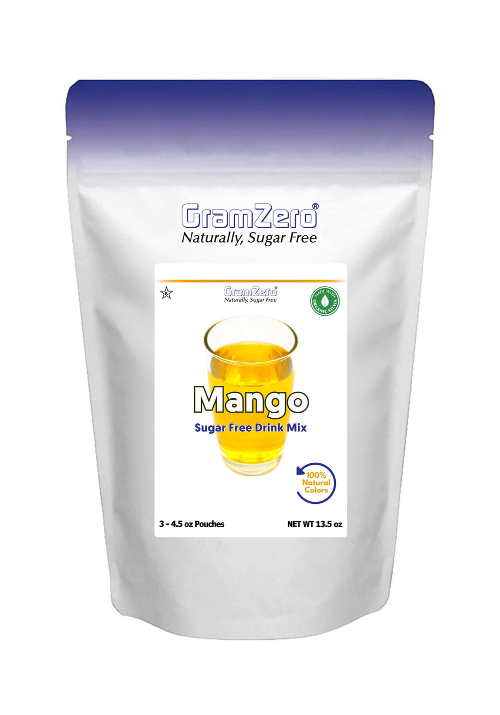GramZero Mango zero-calorie drink mix pouch for keto-friendly beverages.