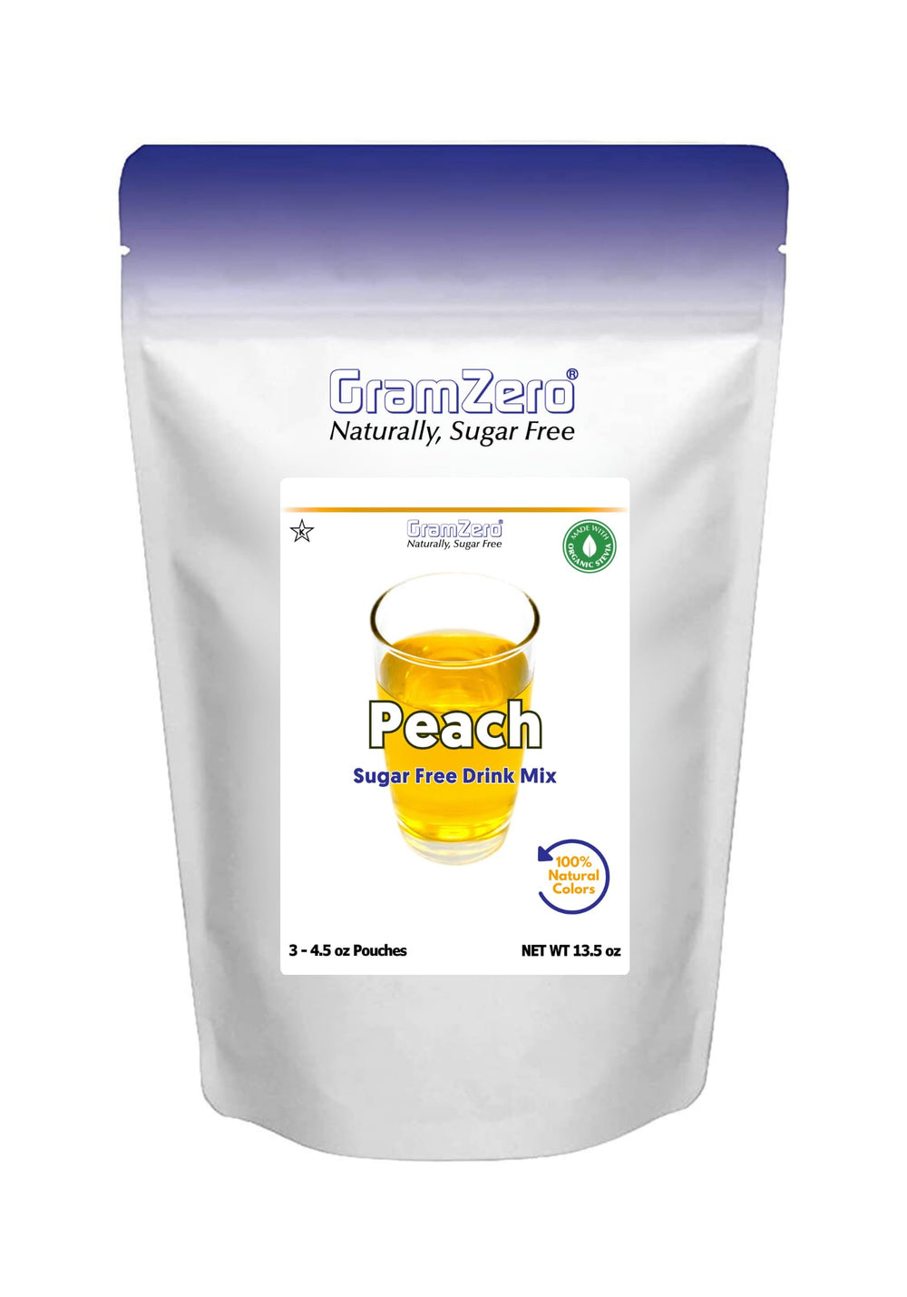 GramZero Peach Zero Calorie Drink Mix pouch on kitchen counter offers a keto-friendly hydration option.