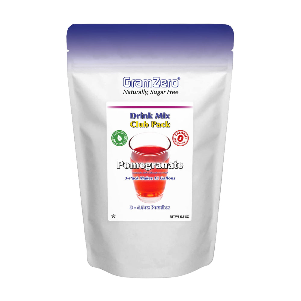 GramZero Pomegranate drink mix canister, zero-calorie hydration with organic stevia for keto-friendly use.