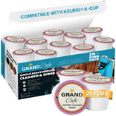 Grand Cafe de la Gare cleaning pods 20-pack in box for Keurig machines, preserving flavor.
