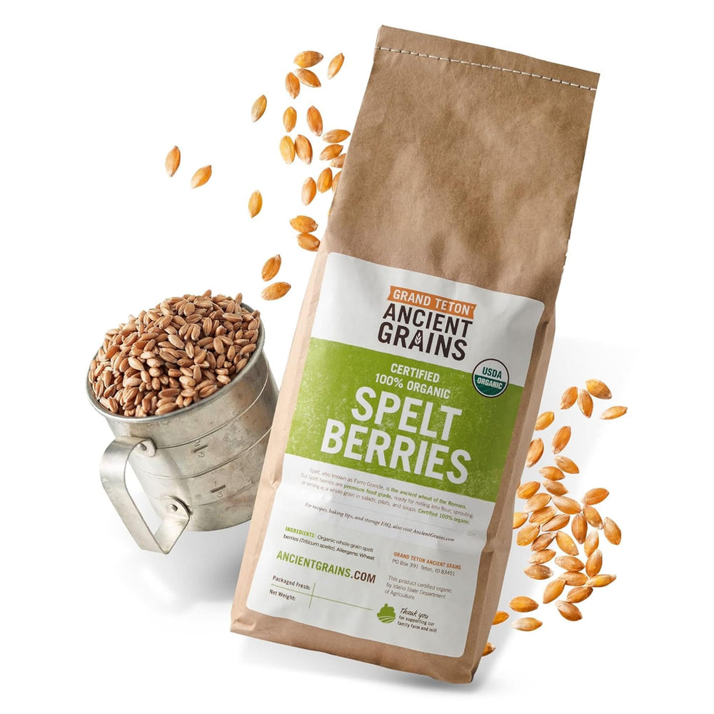 Grand Teton Organic Spelt Berries in a brown paper bag, ideal for wholesome everyday grain.
