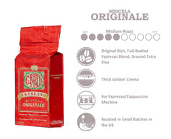 Grande Italia Espresso Ground packaging highlights traditional Italian blend and freshness.