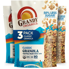 Grandy Organics Classic Granola bowl with yogurt adds crunchy texture for a quick breakfast