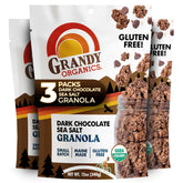 Grandy Organics dark chocolate sea salt granola bag front showing premium organic ingredients for a nutritious breakfast.