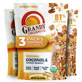 Grandy Organics Original Coconola granola bag close-up showing a crunchy gluten free breakfast option
