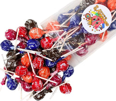 Grandys Candys Tootsie Roll Pops in assorted fruit flavors, perfect for party favors.