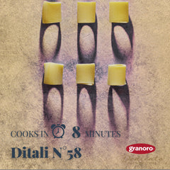 Granoro Dedicato Ditali Lisci #58 side view, highlighting Italian origin and traceable quality.