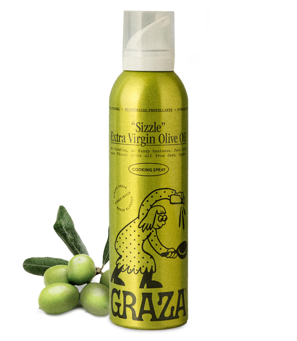 Graza Sizzle bottle pour for precise olive oil application in cooking