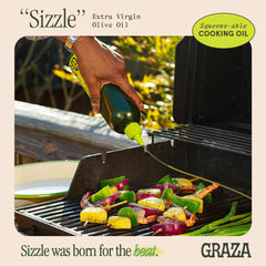 Graza Sizzle label closeup highlighting single origin olives for versatile cooking.