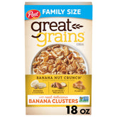 The Great Grains Banana Nut Crunch cereal box front highlights whole grains for energy.