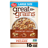 Great Grains Crunchy Pecans cereal box showing whole grains and nuts for a wholesome breakfast.
