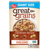 Great Grains Crunchy Pecans cereal box highlights whole grains for energized mornings.