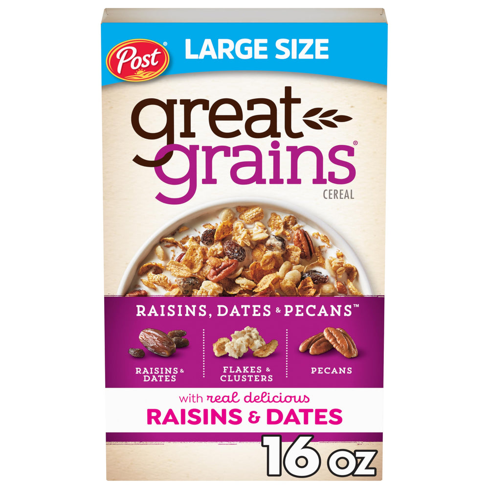 Great Grains Raisins, Dates & Pecans box front showcasing wholesome breakfast ingredients