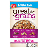 Great Grains Raisins, Dates & Pecans box front showcasing wholesome breakfast ingredients