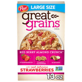 Great Grains Red Berry Almond Crunch cereal box, wholesome breakfast option