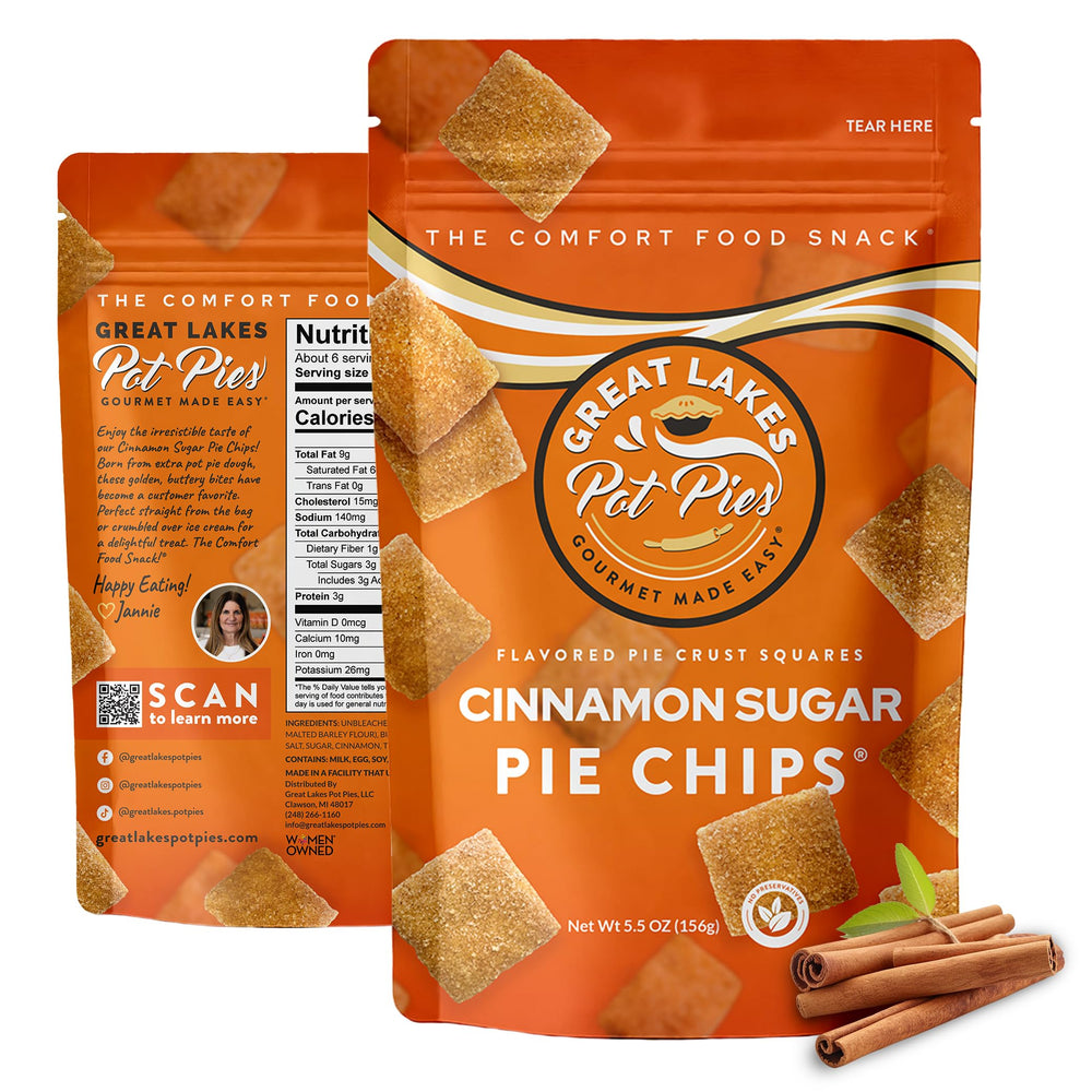Great Lakes Pot Pies Cinnamon Sugar Pie Chips front pack for on-the-go snacking