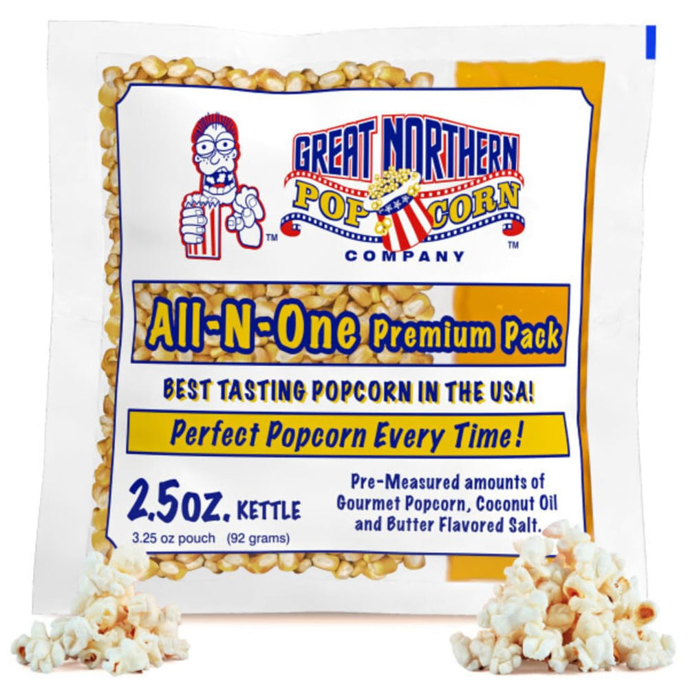 Great Northern Popcorn 2.5oz kernel packs ready for home popping.