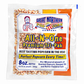 Great Northern Popcorn 8oz packs package showing pre-measured kits for quick, mess-free popping