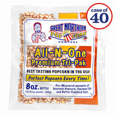 Great Northern Popcorn all-in-one packs contents image emphasizing ready-to-use ingredients for theater-style results