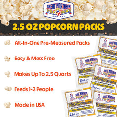 Great Northern Popcorn kernel coconut oil salt highlights premium theater style flavor and ingredients.