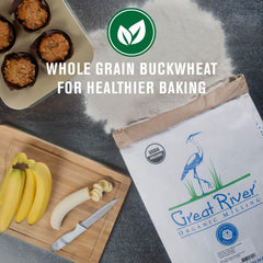 Great River Milling buckwheat pancakes stack shows rich flavor and texture.
