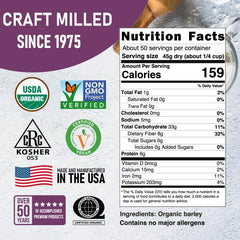 Great River Milling hulled barley kernels close-up, showing nutty texture and whole grain quality.