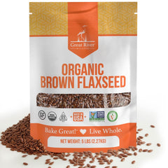 Great River Milling organic brown flaxseed whole bag ready for baking and smoothies, high in fiber.